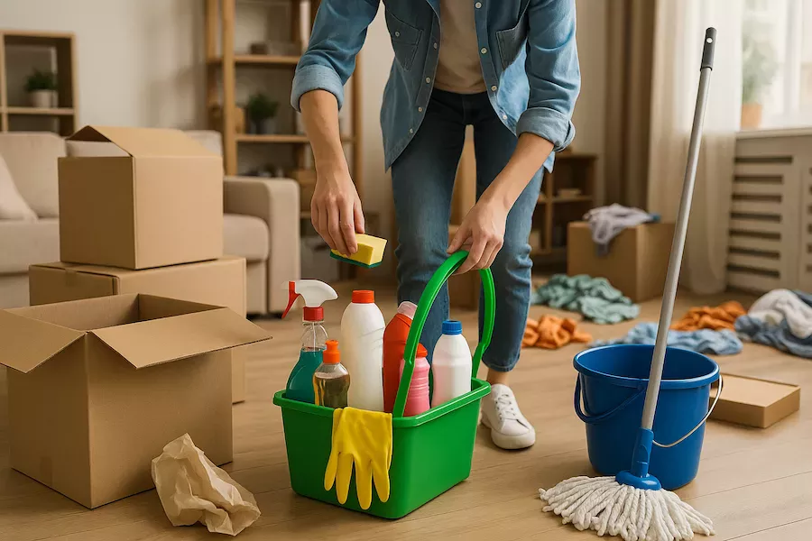 “Person organiserar städutrustning och flyttlådor i stökigt hem – symboliserar inflyttning i oordnad bostad med fokus på struktur, rengöring och ny start”